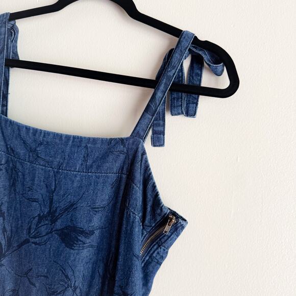Unpublished Blue Denim Floral Print Square Neck Shoulder Tie Overalls Medium - Picture 3 of 8